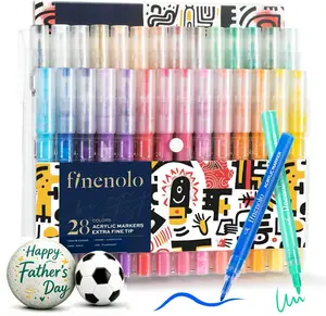 FINENOLO 28 Colors Fine Tip Acrylic Paint Markers with Free Sketchbook - Quick Dry Permanent Water-Based Paint Pens for Rock, Ceramic, Wood, Canvas, Glass & Fabric, Ideal for DIY Crafts, Card Making & Art Supplies