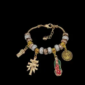 Gold plated San Judas, virgen de Guadalupe, San Benito, Cruz de Caravaca bracelet. you can add charms