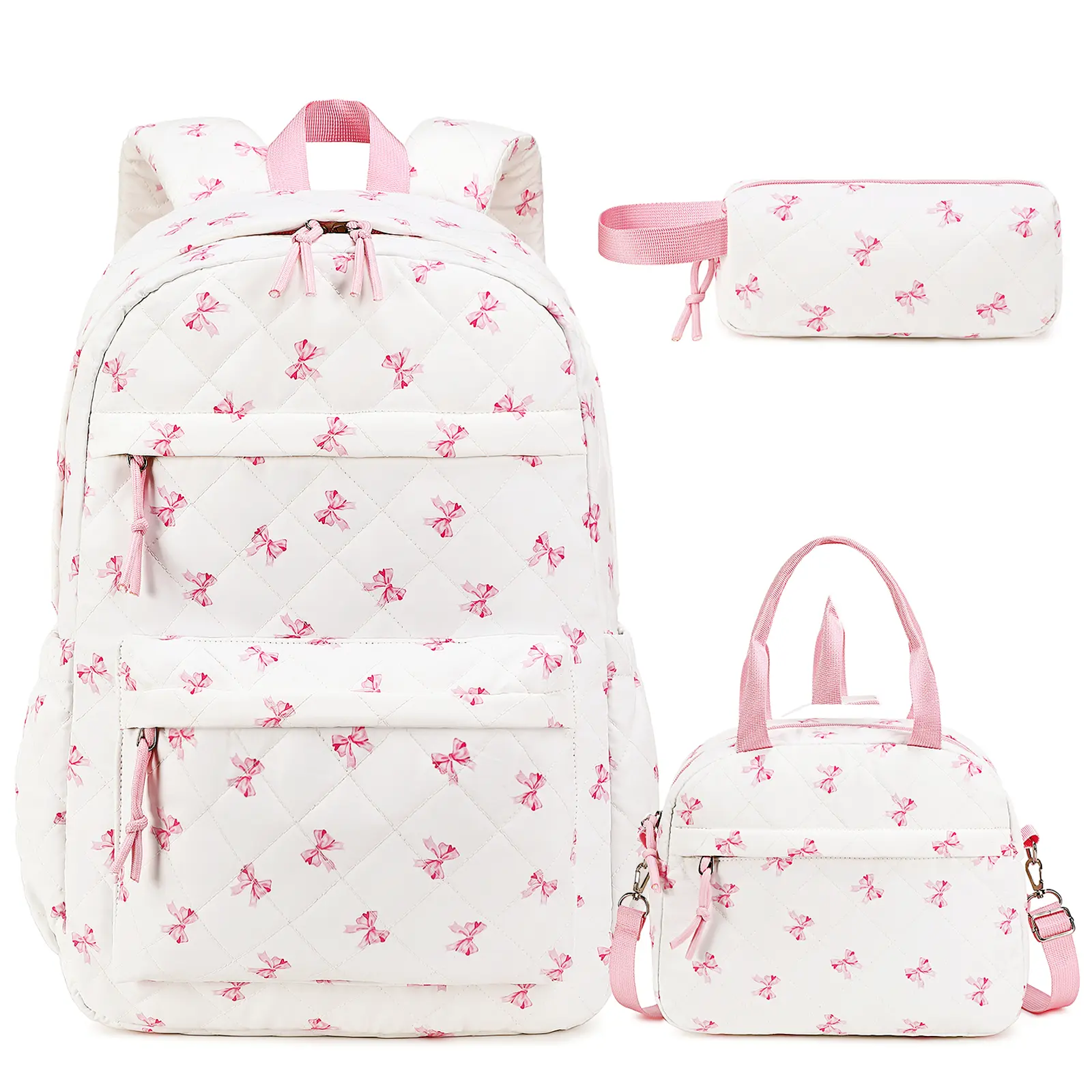 SIMILOVE 3PCS Quilted Bow Backpack Set for Girls, 17.7-Inch Large Capacity School Bookbag with Lunch Bag & Pencil Case, Cute Black Pink Back to School Bag for Kids & Teens