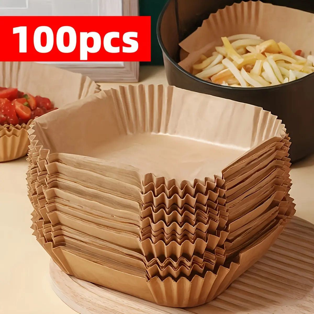 100 Pcs Air Fryer Non-Stick Liners, Premium Single-Ply Baking Paper, Anti-Slip Edge Design, Easy Clean Healthy Cooking, Kitchen Essential, Home Baking Supplies, Baking Essentials, Baking Accessories, Bakery Supplies