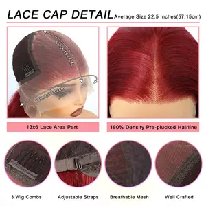 Aodbar 99# Burgundy 24-In Synthetic Lace Frontal Wig, 13*6 Transparent Lace, Glueless Fit, Free Part, Pre-Plucked Hairline, Long Body Wave, Heat Resistant Synthetic Fiber Hair