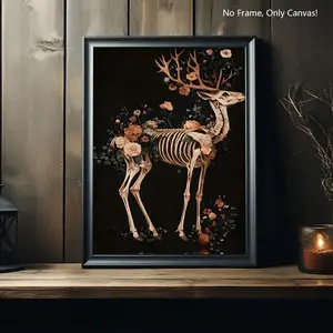 Retro Style Halloween Wall Art Print, Deer Skeleton & Flowers Design, Ideal for Living Room Bedroom Decor, Unique Horror Theme Gift Idea, Unframed Painting