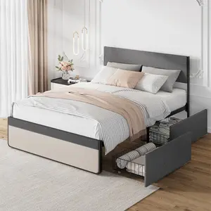GARVEE Queen Bed Frame + Storage Drawers + Upholstered Headboard + Steel Slats Support + Noise-Free + Linen Fabric + For Small Rooms