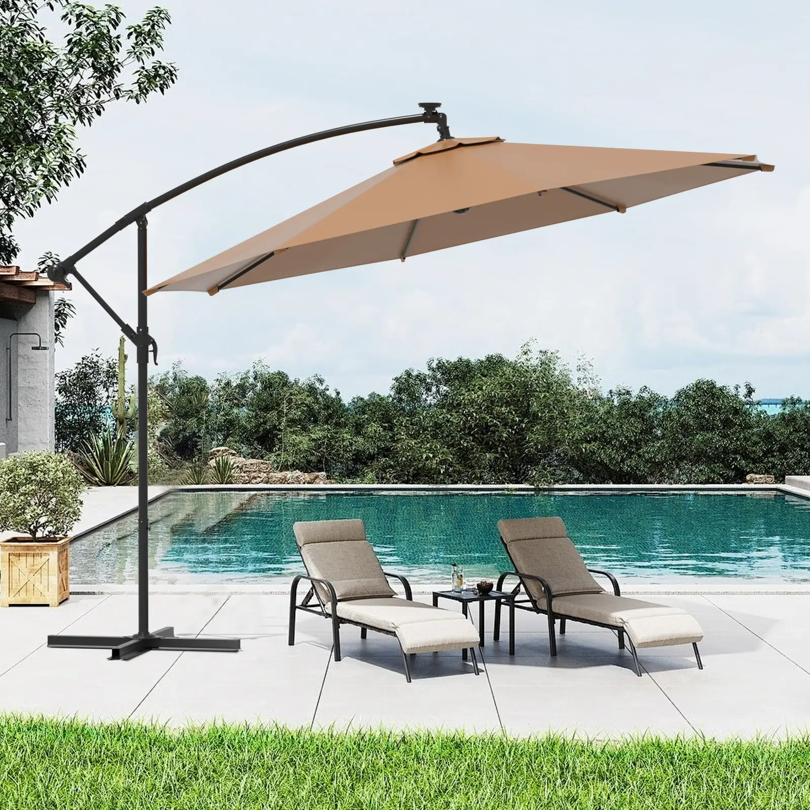 【FathersDayGift】10FT Offset Patio Umbrella Hanging Cantilever Umbrella Outdoor Sun Shade with Wind Vent & Adjustment 0-45° Tilt, 8 Ribs, UV-Blocking P