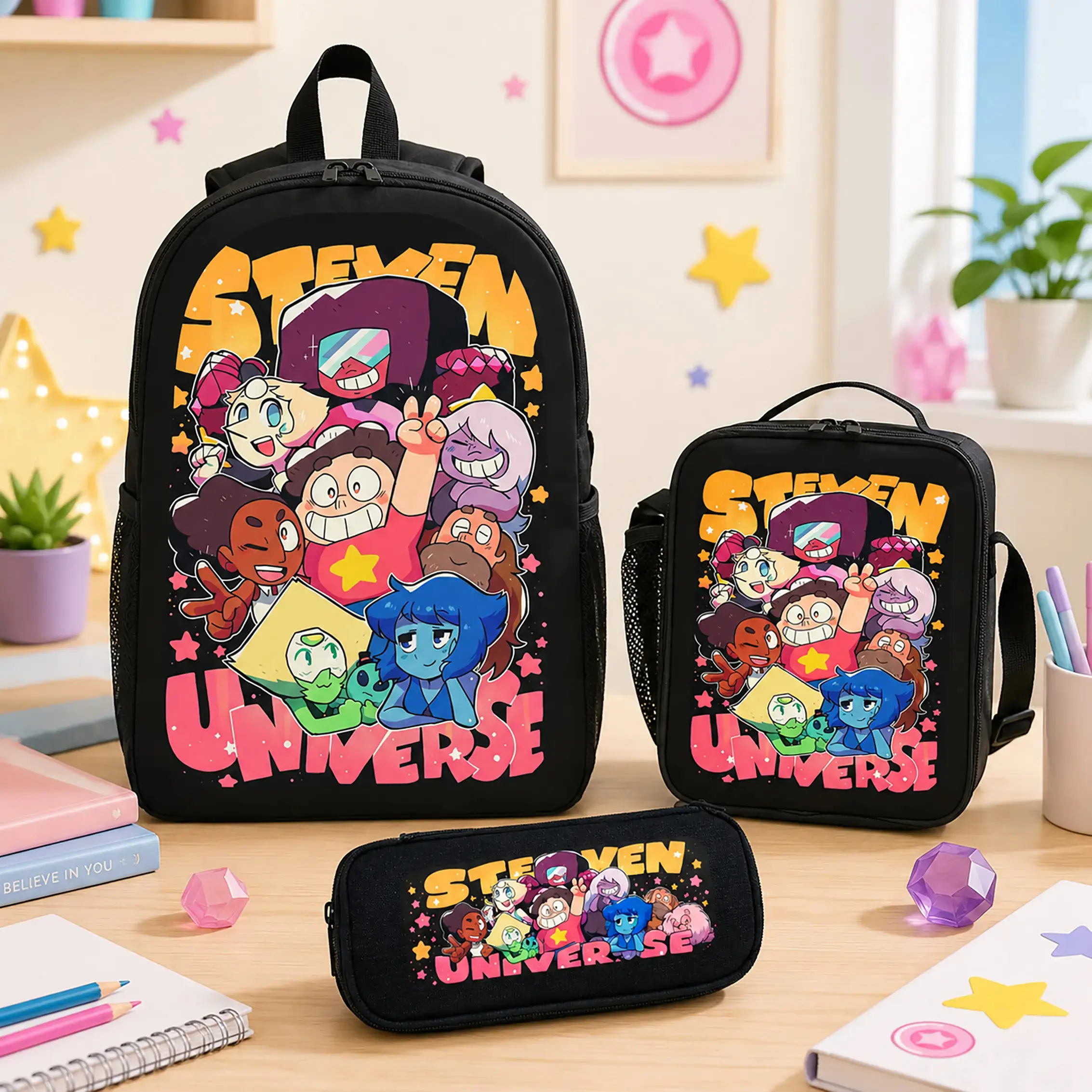 Steven Universe Backpack Set Polyester Backpack Lunch Bag Pencil Case Bookbag Back To School Travel Daily Carry Kids Teens Boys Girls Students Cartoon Anime Merch Fan Gift Lightweight Durable Cute Kawaii Aesthetic Book Bag TikTok Storage bag