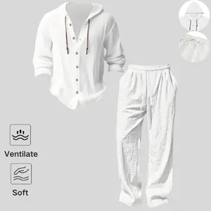 Men’s lightweight two-piece set with hood, casual vacation style, made from loose, breathable thin fabric, includes a hooded sweatshirt and wide-leg pants, suitable for summer wear.