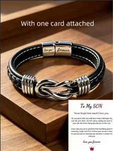 To My Son Infinity Knot Bracelet, Forever Linked Together Leather & Stainless Steel Engraved Jewelry from Mom for Birthday Christmas