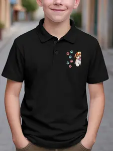 Boys Summer Fashion Creative Dog Pattern Polo Shirt Short Sleeve, Casual Versatile Sport Base Layer, Medium to Large Kids Wear, Gift