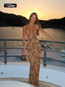 Elegant Deep V Neck Leopard Print Maxi Dress, Sleeveless Slim Fit Party Gown, Sexy Tie Back Design for Women
