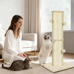 Wellhome Natural Sisal Cat Scratching Post – Heavy Duty Tall Scratcher with Hanging Toys, Thicker Sisal Rope Post for Indoor Cats, Sturdy Wooden Base, Beige