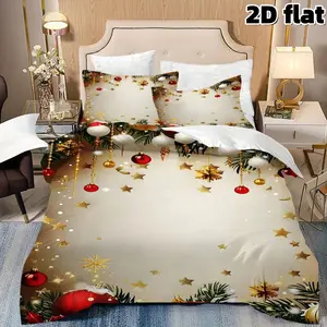 2D Flat 3Pcs Christmas Bedding Golden Star Red Ornaments Festive Duvet Cover Microfiber Soft Breathable Winter Holiday Bedroom Decoration Xmas Gift Bedding Collection Home Decor Comfortable Bedding Queen King Size
