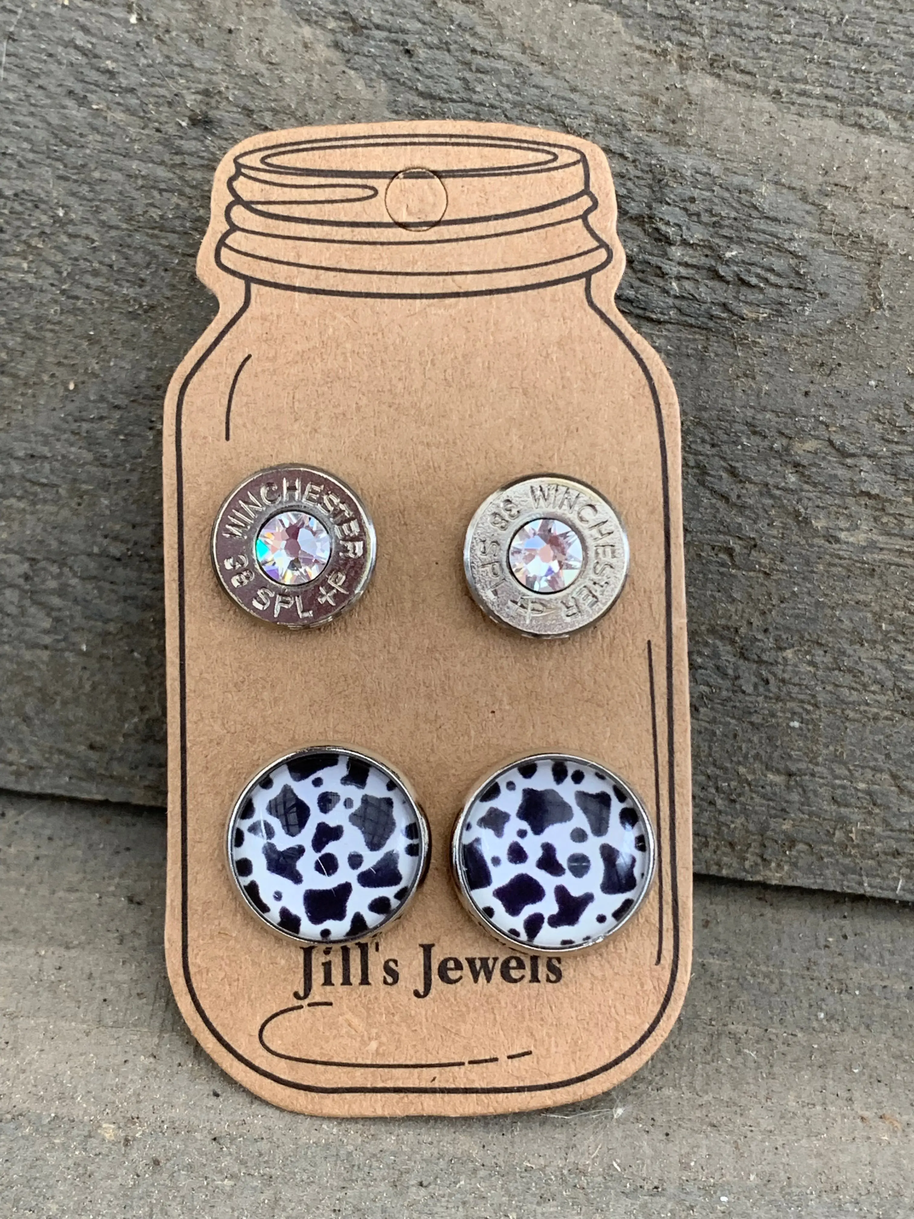 Cow Print Black and White 40 Caliber bullet earring set