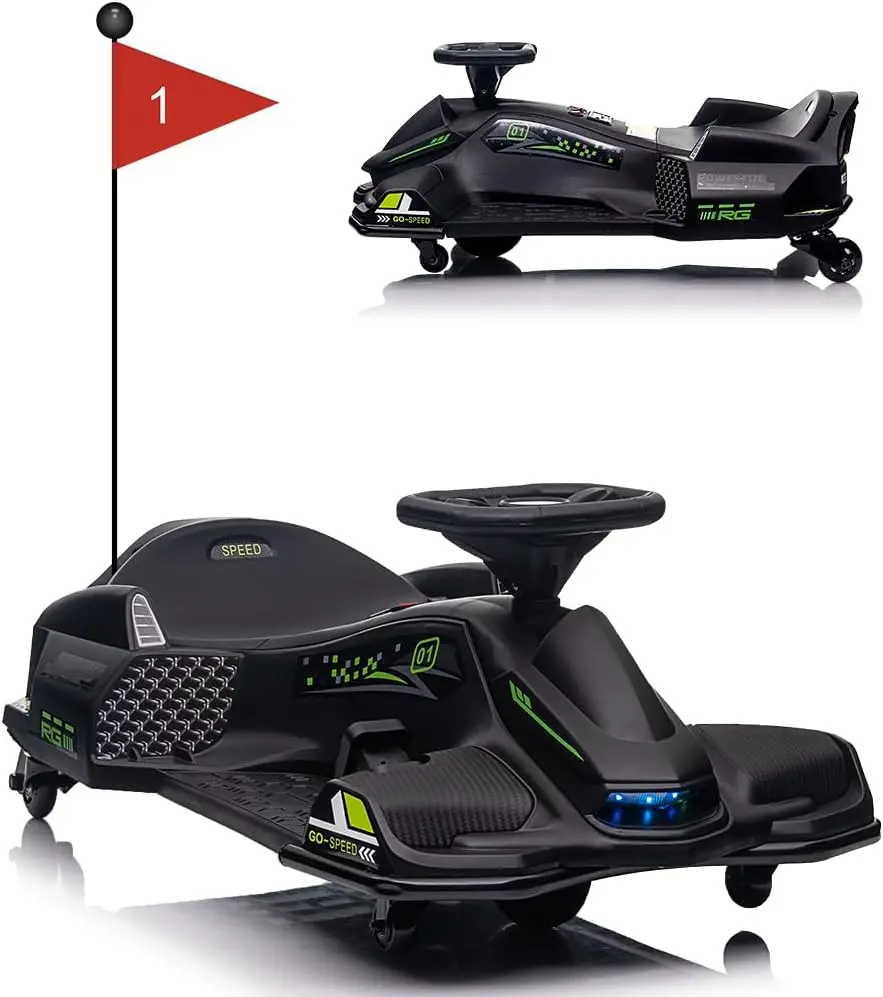 12V Ride on Drift Car,Kids Electric Drifting Go-Kart High/Low Variable Speed with 5 Wheels,Built-in Music,Front+Tail LED Light,Low-Power Alarm(Black)