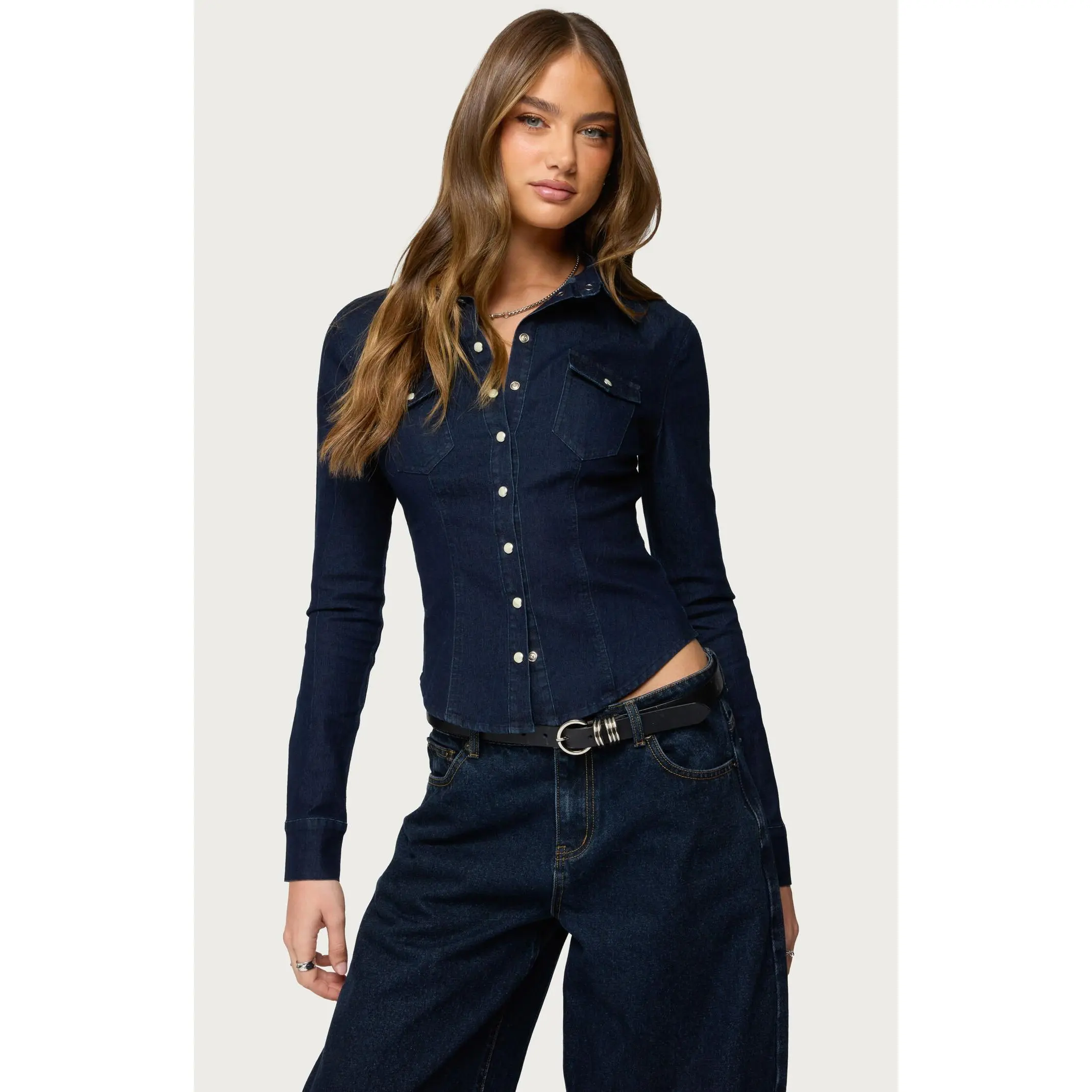 Edikted Women's Shylo Stretchy Denim Button Up Shirt
