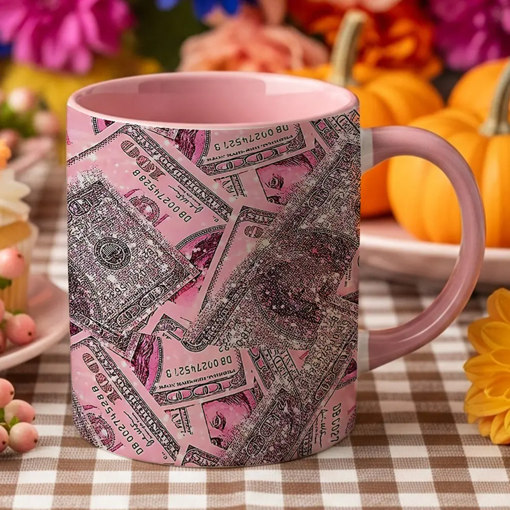 11oz Pink Glitter $100 Bills Printed Ceramic Coffee Mug - Pink Interior, Reusable Washable Cup, Sparkly Money Design, Money Lover Gift, Kitchenware Drinkware Decor Tumbler Tumbler Reuse Rack Rack Reuse Reuse Rack