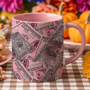 11oz Pink Glitter $100 Bills Printed Ceramic Coffee Mug - Pink Interior, Reusable Washable Cup, Sparkly Money Design, Money Lover Gift, Kitchenware Drinkware Decor Tumbler Tumbler Reuse Rack Rack Reuse Reuse Rack