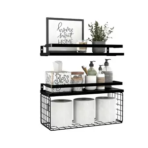 Floating Shelves For Wall Decor Bathroom Shelves With Metal Guardrail, Floating Shelves Over Toilet With Storage Basket, Floating Wall Shelves Black Wooden Farmhouse