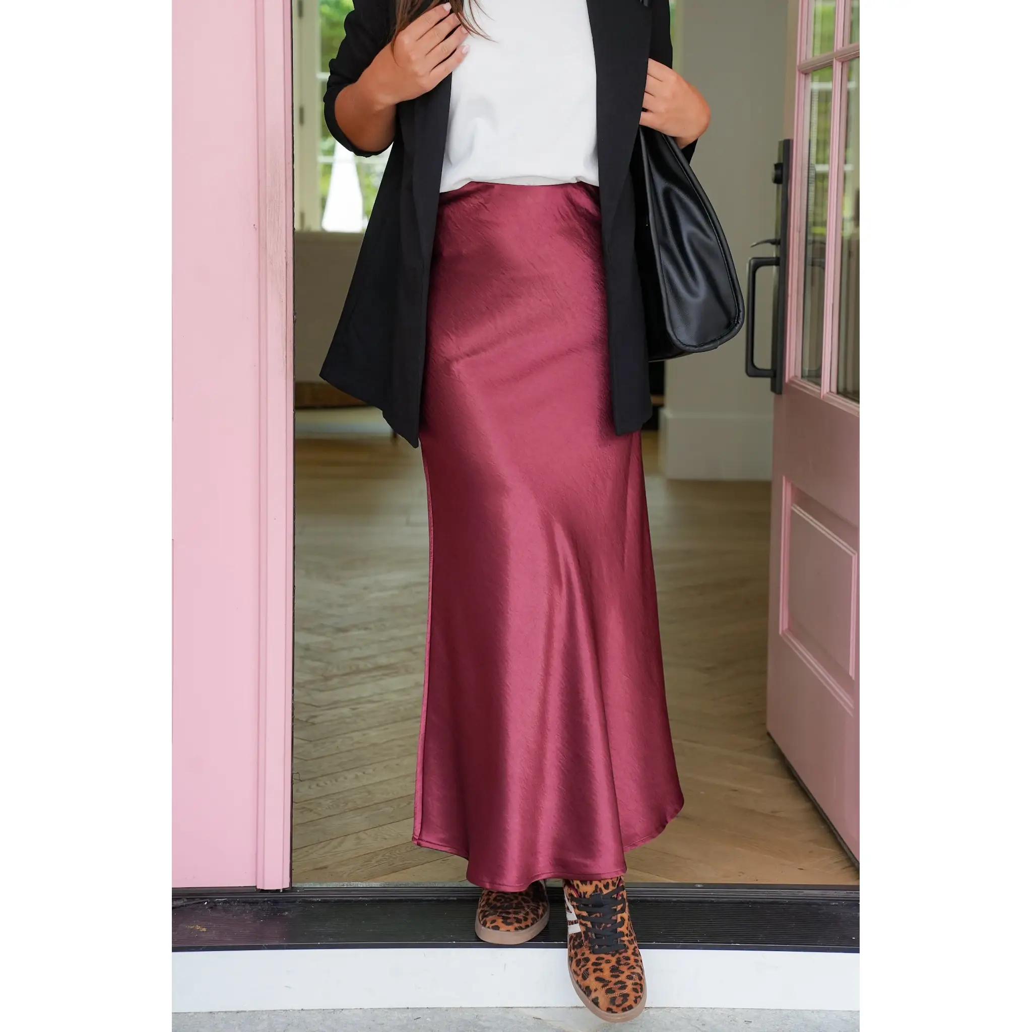 Satin Elastic Waist Semi Flare Long Skirt