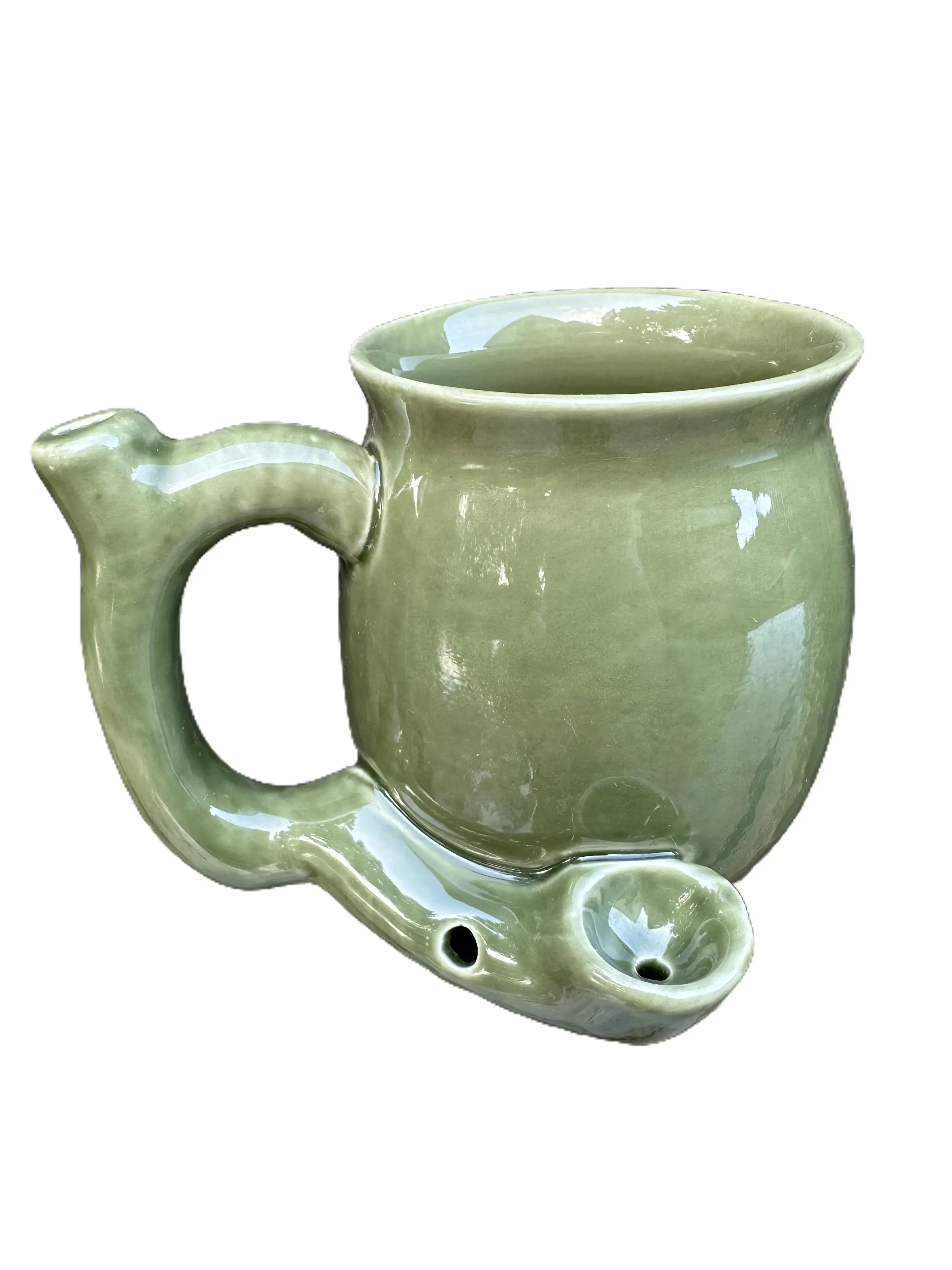 Handmade Ceramic Novelty Coffee Pipe Cup - Green, Washable Drinkware for Coffee Enjoyment