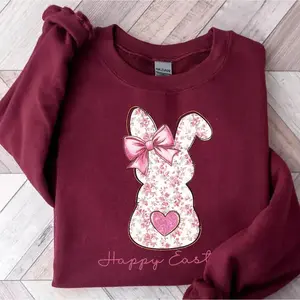 Happy Easter Floral Bunny Sweatshirt, Cute Bunny Sweatshirt, Rabbit Sweatshirt, Happy Easter Day Gift, Coquette Bow Easter Sweatshirt - EVA RAMOS