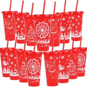 10/20/30pcs Christmas Plastic Water Cup With Lid, Party Straw Cup - 24oz Reusable Plastic Hot And Cold Drink Cup With Santa Claus, Reindeer, Christmas Tree, Big Windmill, Snowflake, 710ml Large Capacity, Fit For Christmas Parties, Halloween tumbler new