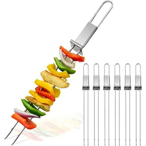 13" Stainless Steel Barbecue Skewers Utensils - 6-Pack Reusable Metal Shish Kabob Sticks with Slider, Barbecue Cover Compatible