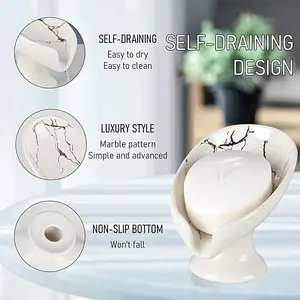 Ceramic Self-Draining Soap Dish, Marble Look Leaf Shape, Easy Clean Bathroom Accessory, Keeps Soap Dry, Christmas Gift Idea