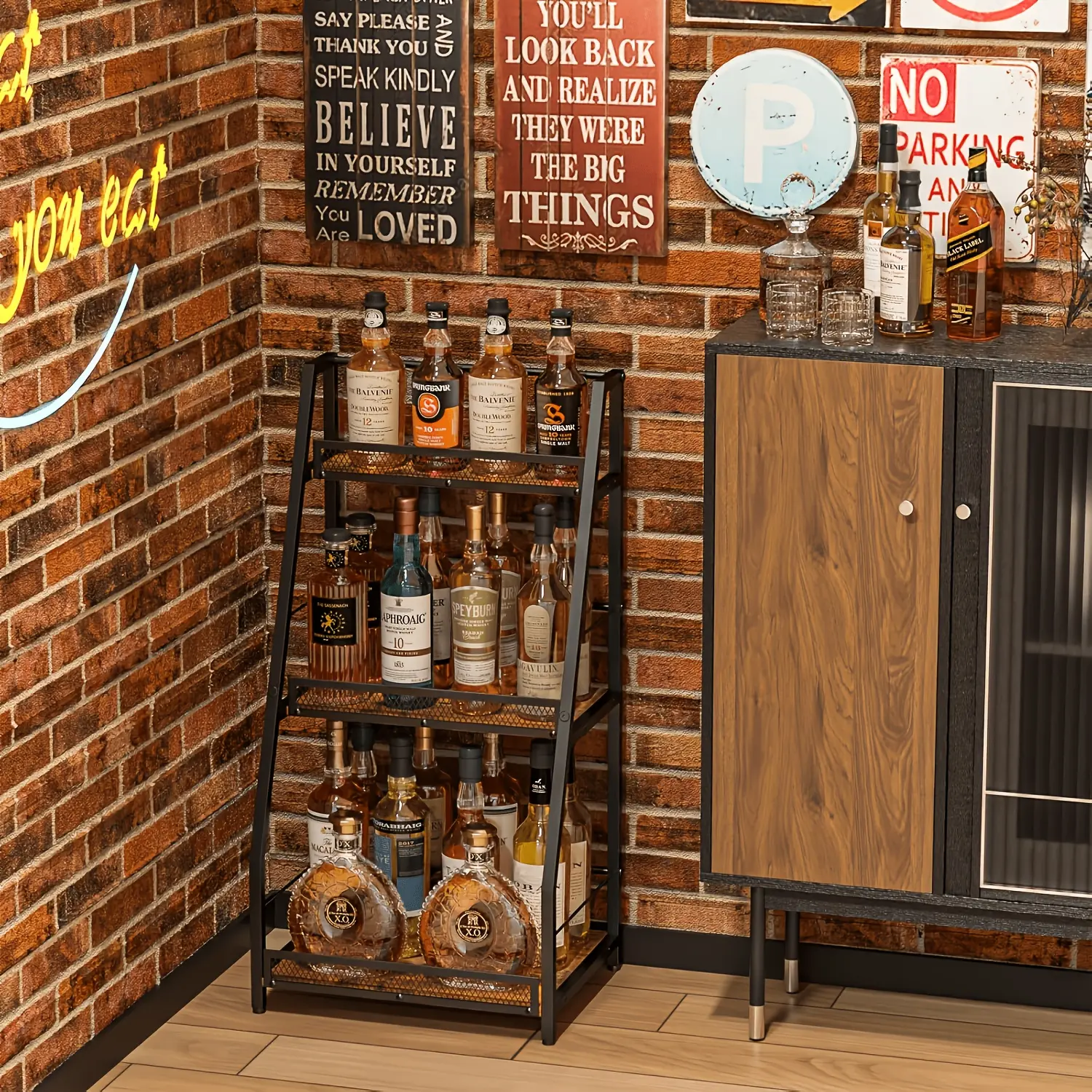 3-Tiered Retro Rustic Wooden Wine Rack Cabinet - Freestanding Bottle Storage Organizer, Tiered Shelf, Display Rack Shelving & Storage for Whiskey, Liquor, Kitchen & Coffee Bar Countertop Home Organizer