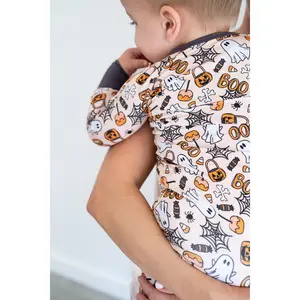Halloween Boys Onesie Bamboo Convertible Pajama Romper - Soft Stretchy Halloween Jammies for Kids with Ghosts Webs & Caramel Pops Design