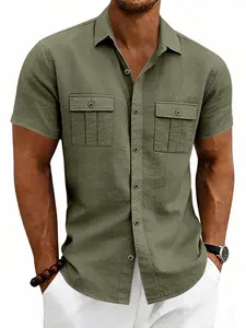 Men's Summer Army Green Linen Pocket Outdoor Commuter Workwear Casual Loose Short Sleeve Shirt, Comfortable and Breathable, Perfect for Daily Wear