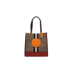 COACH Dempsey 30 Tote Bag for Women – Striped Logo Patch, Fabric and Leather, Red-Orange and Brown