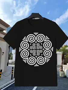 Men's Hmong Cultural Heritage Top - Soft Breathable Retro Traditional Attire Suitable for Themed Parties & Casual Wear, Machine Washable Round Neck Short Sleeve for Hmong Events & Daily Outfits ()