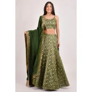 Green Banarasi Lehenga Choli Set for Women