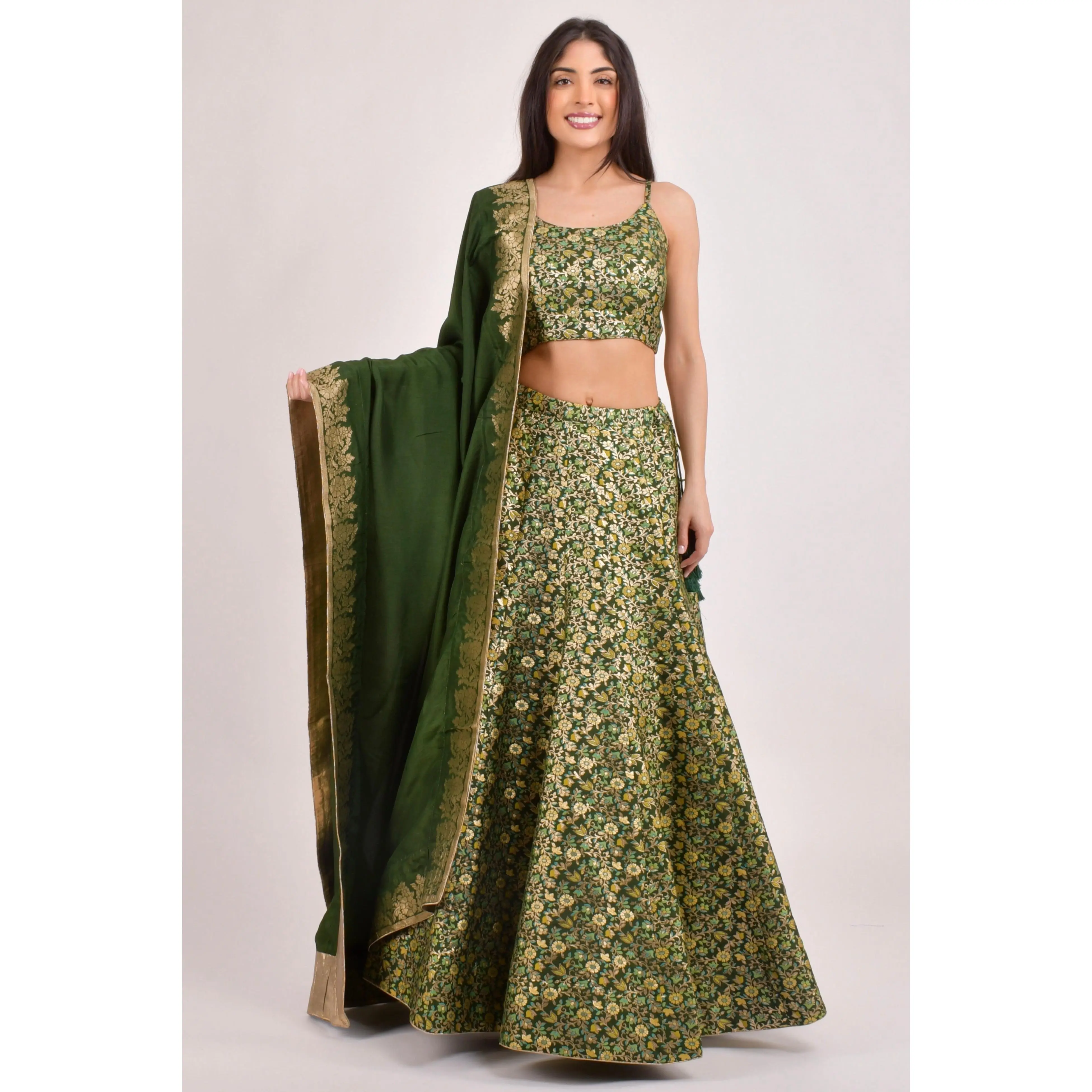 Green Banarasi Lehenga Choli Set for Women