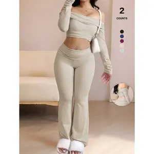Women's 2-Piece One Shoulder Long Sleeve Short Top and Bell Bottom Pants Set, Fashion Sexy Casual Comfortable Home Wear