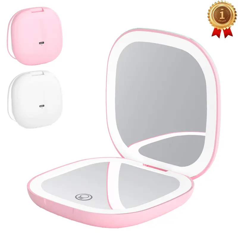 Double-Sided Rechargeable Travel Makeup Mirror with Lights and Magnification 10X, 3 Color Dimmable,Touch Screen, USB Rechargeable Compact Mirror
