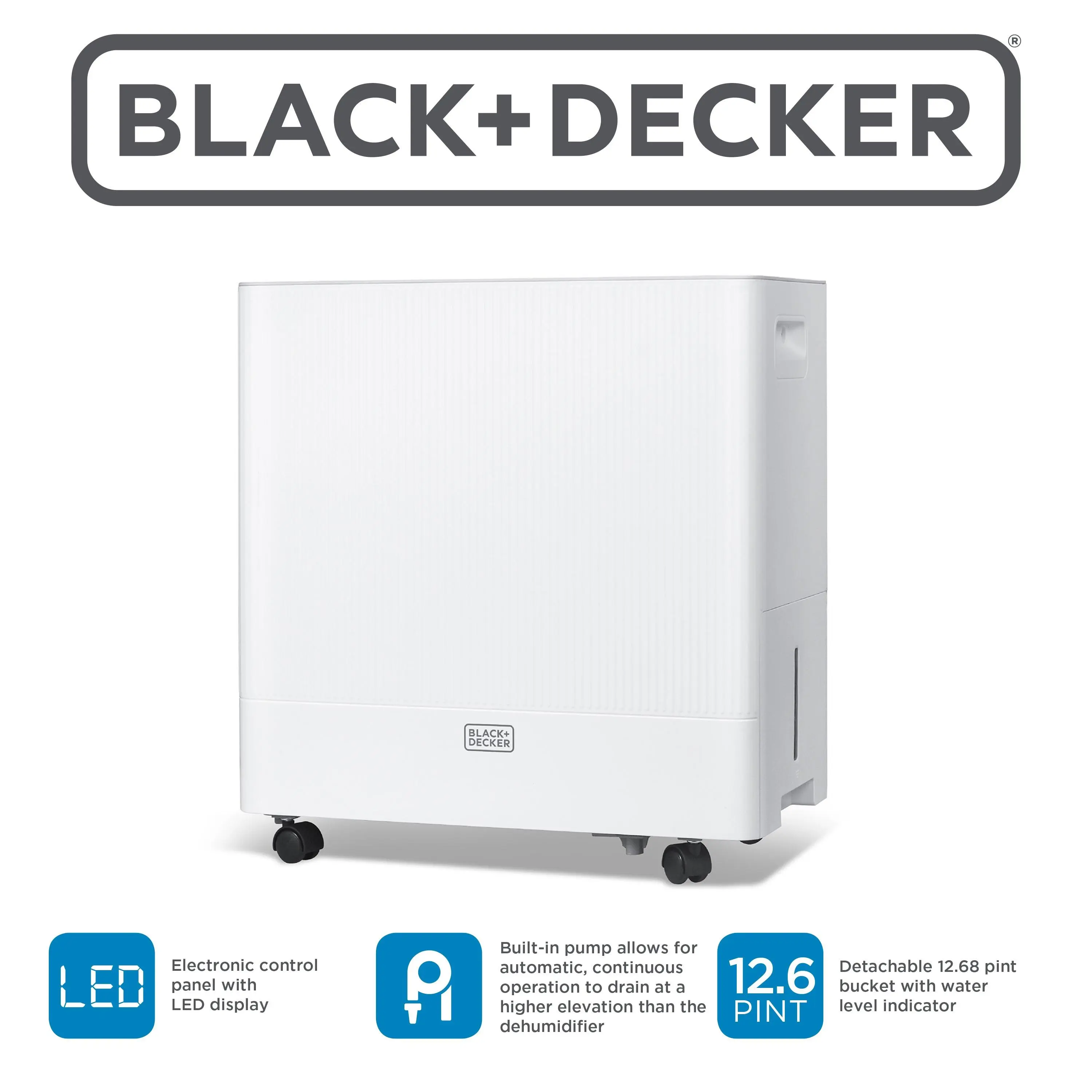BLACK+DECKER BD50PMWSA White 50-Pint Portable Condenser Dehumidifier, Energy & Power Saving Automatic Drain Model with Built-In Pump, Pump Hose, Removable Bucket for 4500 Sq. Ft. Home & Large Spaces, Automatic Drain Dehumidifiers, Living Room, Standard Pl