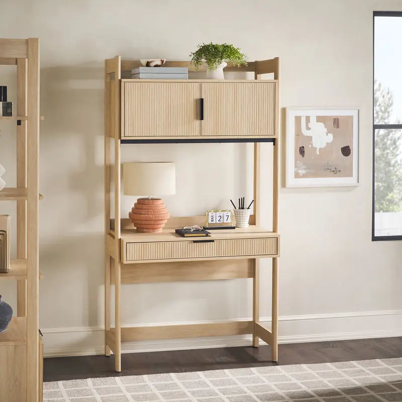 Walker Edison Holmes Modern Writing Desk - Coastal Oak, Built-in Outlets & USB Port, Reeded Drawer, Multi-Layer Cabinet Hutch Storage, Large Modern Luxury Built-in Outlets Desk, Built-In Outlets Desks, Large Desks