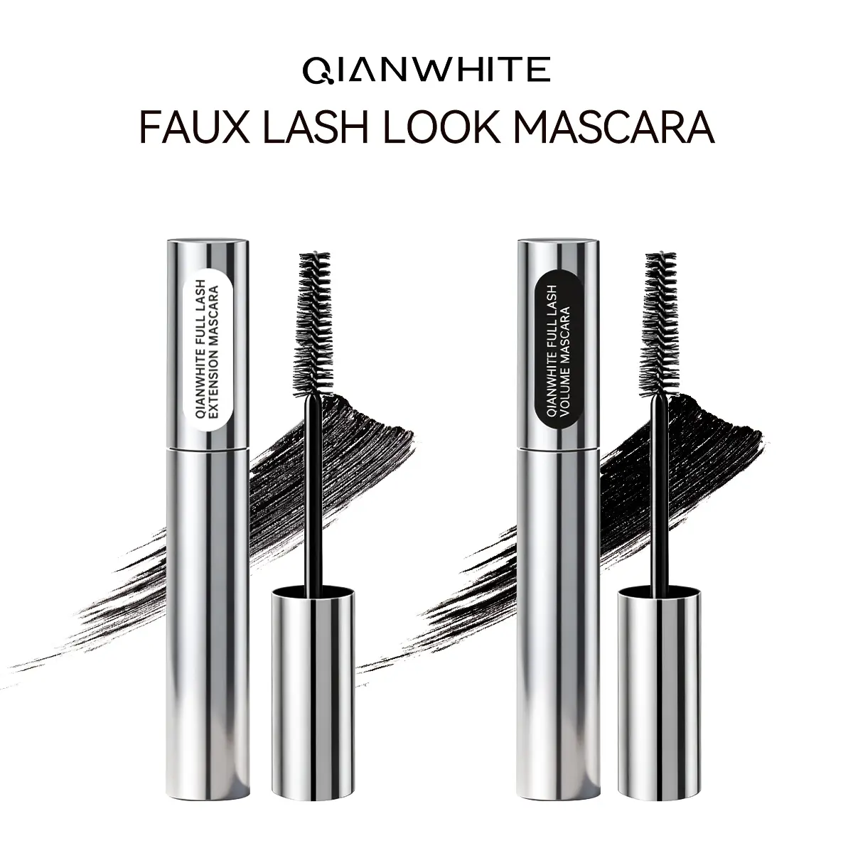QIANWHITE Dual Brush 2-in-1 Mascara, Waterproof Cosmetic for Lengthening and Volumizing, Creates a Fluffy False Lash Look