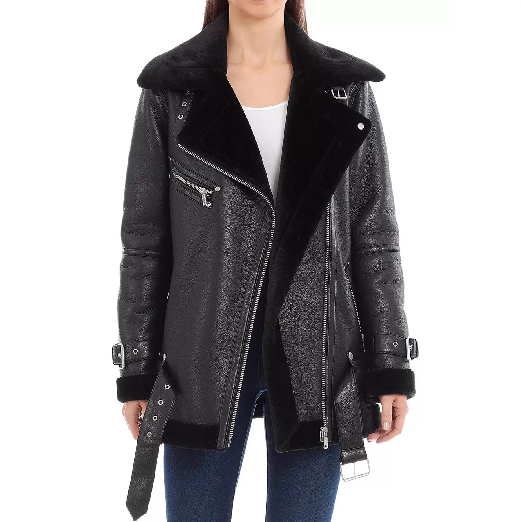 Womens Shine Black Shearling Leather Jacket