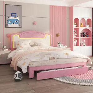 Garvee LED Light Upholstered Bed Frame, Full Size Princess Bed with Storage Drawers and Fabric Headboard, Features Wood Slats and No Box Spring Needed in Pink White