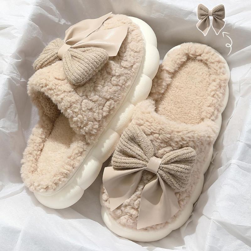 Women’s Bow Slipper Shoes – Warm Indoor House Slippers with Non-Slip Thick Sole, Cozy Soft Plush Lining, Winter Home Shoes for Bedroom, Office, & Living Room Comfort