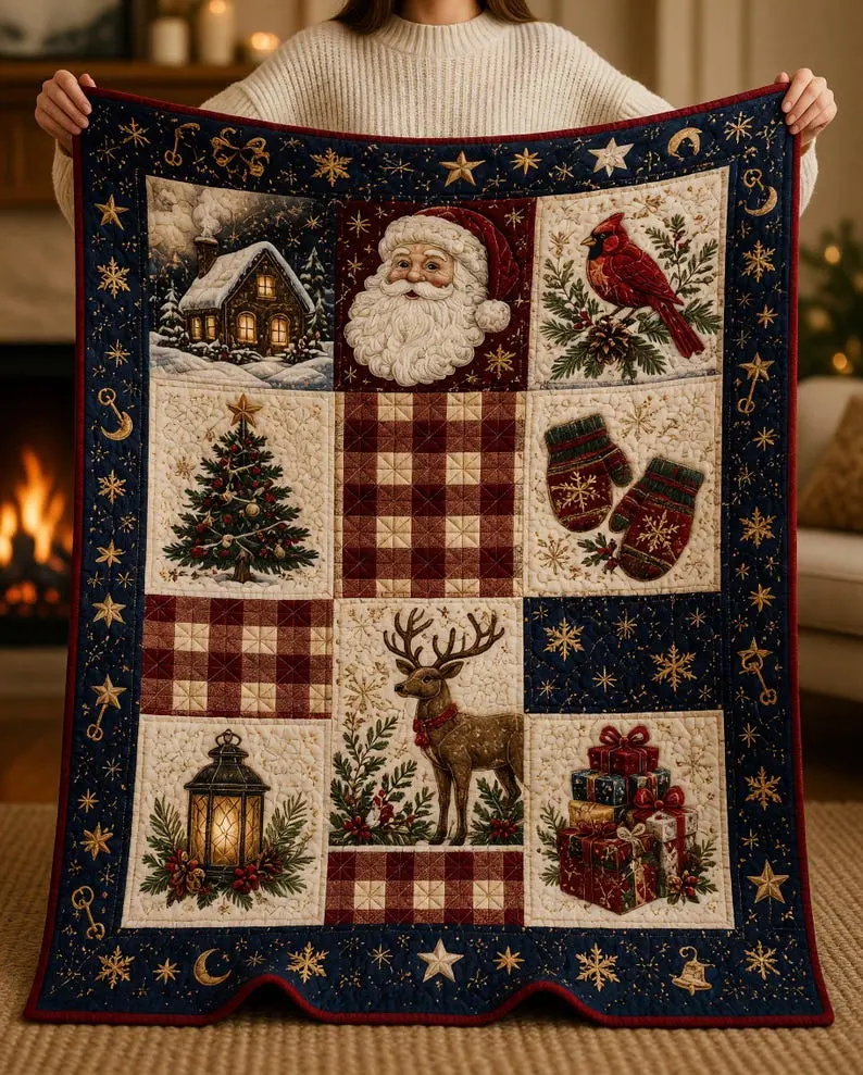 Christmas Patchwork Blanket, Vintage Santa Reindeer Cardinal Holiday Blanket, Cozy Velveteen Plush Throw, Rustic Christmas Quilt Style Home Decor, Winter Holiday Gift