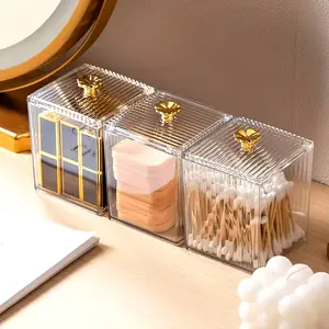 1pc Clear Acrylic Swab Holder with Golden Accents - Transparent Bathroom Organizer for Pads, Lipstick & Makeup Essentials, Elegant Countertop Storage Box for Bathroom or Vanity, Bathroom Accessories