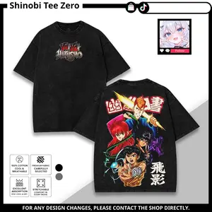 Menswear Casual Seamless Short-Sleeve Yu Yu Hakusho Anime Vintage Washed Cotton T-Shirt - Yusuke Urameshi Spirit Detective Graphic, Japanese Streetwear Oversized Fabric Tee