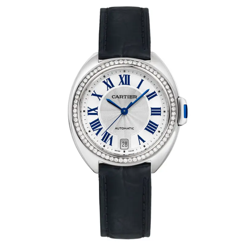 Cartier Clé de Cartier 35mm WSCL0017 Automatic Stainless Steel Aftermarket Diamond Bezel Silver Dial Leather Watch WHT031677
