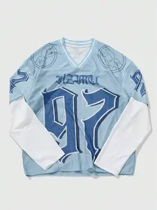 Unisex Long Sleeve Fitted T-Shirt, Breathable Mesh Fabric, Casual Graphic Style, All Seasons Wear, Light Blue Color, Perfect Streetwear Essential