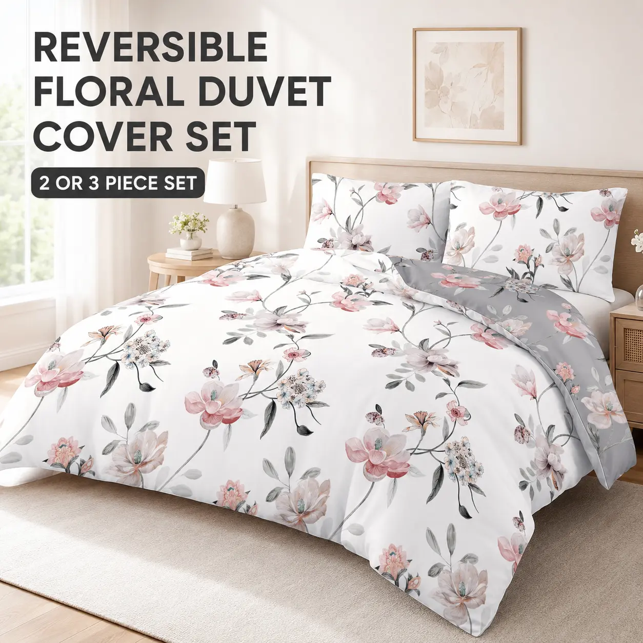 Reversible Gray & White Magnolia Floral Duvet Cover Set, Botanical Printed Bedding with Pillow Sham(s), 2-Piece Twin / 3-Piece Full Queen King, Duvet Insert Not Included