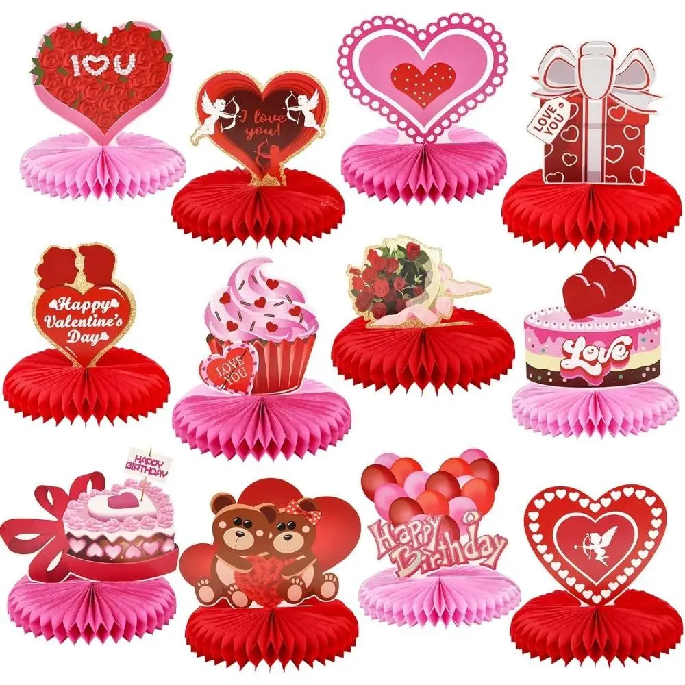12 Pieces Of Valentines Day Centerpiece Decorations For Table - Heart Table Decorations & Honeycomb Center Pieces For Weddings Anniversaries Parties Supplies