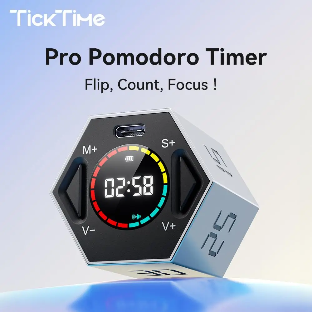 Ticktime Pomodoro Timer Cube, Productivity Timer, Pause & Resume, Silent & Adjustable Sound Alert, for ADHD, Task, Work, Study, 3/5/10/15/25/30min & C